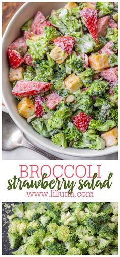 broccoli and strawberry salad in a white bowl