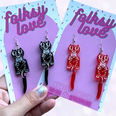 Original design, laser cut acrylic earrings on nickel free hooks. Funky Resin Earrings, Vaporwave Earrings, Novelty Hypoallergenic Resin Earrings, Acrylic Earrings Laser Cut, Novelty Resin Dangle Earrings, Goth Acrylic Earrings, Rockabilly Earrings, Laser Cut Jewelry Acrylic, Crazy Earrings