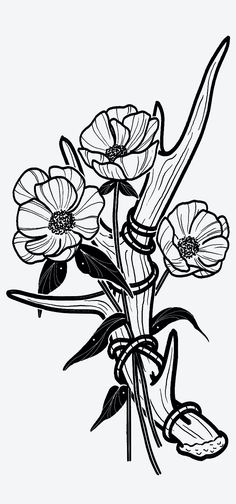 a black and white drawing of flowers