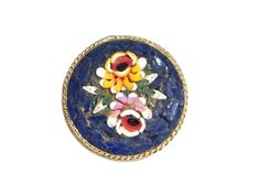 Vintage blue floral Italian made Micro Mosaic Brooch ITEM DESCRIPTION: Offering this unique 50s Italian Micro Mosaic Round Floral Brooch. This charming pin features highly intricate and artistically set geometric glass/ceramic/porcelain shapes in yellow, red, blue and white.  MEASUREMENTS: This brooch measures approximately 1 inches tall and approximately 1 inches wide. CONDITION: This collectible brooch is in good vintage condition.  No issues detected. POLICIES: Please keep in mind, I am not a Sweater Scarf, Ceramic Porcelain, Floral Brooch, Wardrobe Accessories, Micro Mosaic, Jewelry Blue, Designer Fashion Jewelry, Glass Ceramic, Vintage Wear