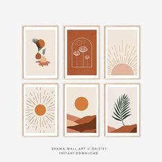 four art prints with different shapes and colors on them, each featuring an image of the sun