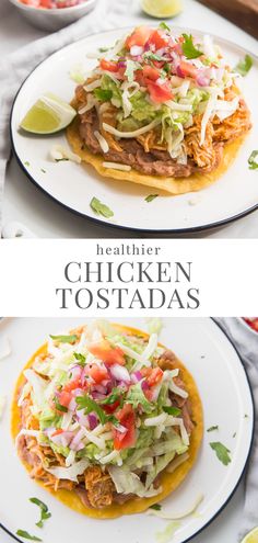 two plates with chicken tostadas on them