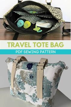 the travel tote bag sewing pattern is shown in two different pictures and has zippered compartments