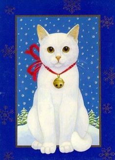 a painting of a white cat with a bell on it's neck and snowflakes in the background