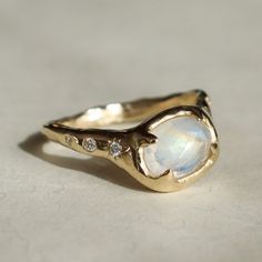 Moonstone and Diamond Ring, 14k Gold | From Isla Jewelry Engagement Rings Moon, Celestial Wedding Ring, Star Wedding Ring, Star Engagement Ring, Celestial Rings, Magical Ring, Flush Set Diamond, Constellation Ring, Future Engagement Rings