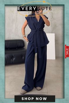 Casual Sleeveless Lace-up Cardigan and Trousers Two-piece Set V-neck Workwear Sets With Pockets, Sleeveless Office Sets For Spring, Non-stretch Sets For Workwear In Fall, Sleeveless Summer Pantsuit For Office, Summer Sleeveless Pantsuit For Office, Sleeveless Summer Office Pantsuit, Summer Sleeveless Office Pantsuit, Chic Solid Color Sleeveless Set, Chic Solid Sleeveless Set