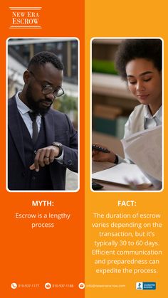 an orange and white flyer with two men in business attire looking at something on the screen