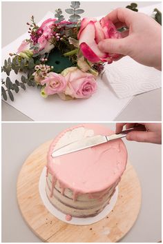 two photos with flowers and a cake being cut