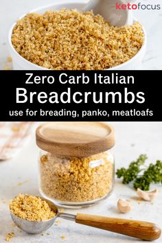 Fluffy keto breadcrumbs in a bowl. Below is a spoon holding breadcrumbs in front of a jar with more breadcrumbs. Garlic cloves and parsley are off to the side. Gf Panko Bread Crumbs, Bread Substitute, Carb Alternatives