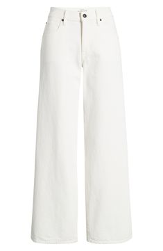 Relaxed yet dramatic, these white-washed jeans are cut from nonstretch organic-cotton denim in Los Angeles with a slouchy waist and full-length wide legs. 29 1/2" inseam; 22" leg opening; 10 1/2" front rise; 15" back rise (size 29) Zip fly with button closure Five-pocket style 100% organic cotton Machine wash, tumble dry Made in the USA of imported materials Mom Jeans No Holes, White Jeans High Waisted, White Jeans Target, Wide Cut Jeans, White Bottoms Outfit, Wide White Jeans, White Wide Jeans, Low Rise White Jeans, Cute White Jeans