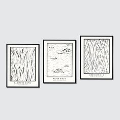 three black and white prints on a wall, each with an image of the ocean