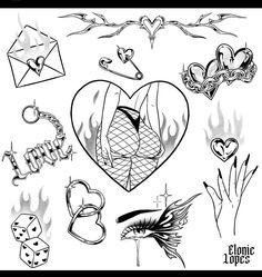 some tattoos that are on display in the shape of hearts and other things to draw