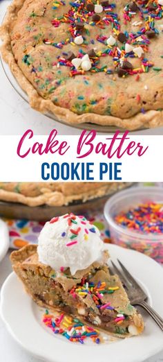 a cake batter cookie pie with sprinkles and ice cream on the top