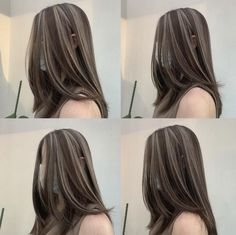 chunky highlights dark skunk hair inspo Hair Colors With Brown Hair, Milky Brown Hair With Highlights, Underbleach Hair, Korean Balayage Hair, Highlights Skunk, Asian Highlights Hair, Ashy Babylights On Dark Hair, Korean Hair Dye, Long To Short Haircut