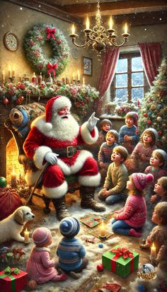 a painting of santa claus sitting in front of his family and children with presents around him