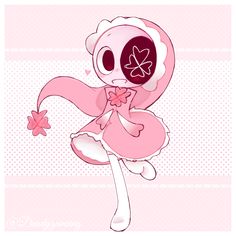 a pink cartoon character with a flower in her hand