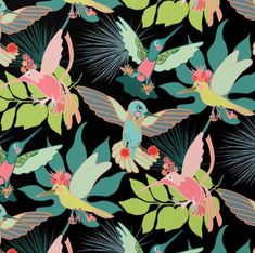 A vibrant and colorful hummingbird design wall print with black green and pink and blue colors Birds Dancing, Murals Wall Art, Sewing Home Decor, Paradise Art, Hummingbird Design, Bird Fabric