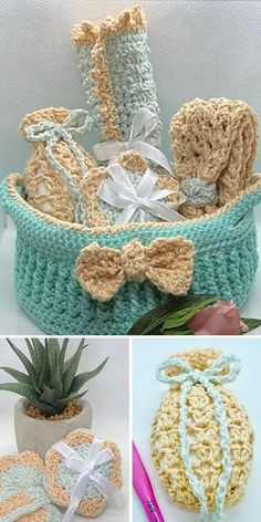 crocheted baskets with bows and ribbons are shown in three different pictures, one is made out of yarn the other has an ornament