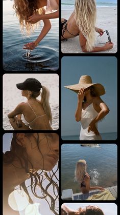 several pictures of women in bikinis and hats on the beach