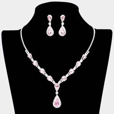 Pink Teardrop Stone Accented Rhinestone Silver Necklace Set Pink Necklace Jewelry, Necklace Png, Pink Necklace Set, Necklace Korean, Silver Necklace Set, Purple Necklace, Pink Necklace, Necklace And Earring Set, Glass Crystal