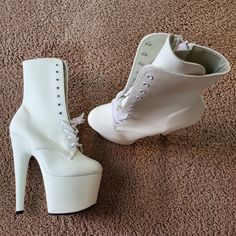 Bnwt!!! Only Wore To Try On. Such Unique Booties! Seriously In Love With These And Wish I Didn't Have To Sell Them. I Bought The Wrong Size And They Don't Fit Me...Wayyy Too Small :'( I'm A Size 5.5 And These Are True To Size. Only Recommend Purchasing If You're A True Size 4.5 Or 5. White High Ankle Fitted Heels, White Fitted High Ankle Heels, White Party Boots With Reinforced Heel, White Closed Toe Platform Boots For Party, White High-top Platform Heels, Trendy White Lace-up Heels, White High Ankle Synthetic Heels, White High Ankle Heels In Synthetic Material, White Platform Heels Ankle-high