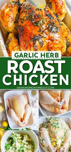 garlic herb roast chicken in a casserole dish with broccoli and lemons