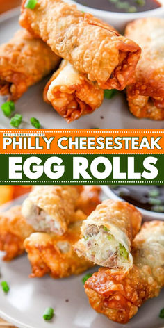 Crispy Philly Cheesesteak egg rolls? Definitely perfect as your football party appetizers! Super crunchy egg rolls filled with tender steak and melty cheese.Your favorite sandwich in appetizer form! Don't miss the best egg rolls ever! Snack Dip Recipes, Philly Cheesesteak Egg Rolls, Gameday Food, Crowd Pleasing Appetizers, Cheese Steak, Philly Cheese, Egg Roll Recipes, Roll Recipes