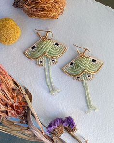 two earrings with beaded designs on them sitting next to dried flowers and other items