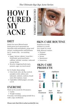 A guide on how to get rid of acne. If you have acne-prone skin like me, this could be an easy guide to say goodbye to your breakouts once and for all.  diet | exercise | skincare routine | natural remedies | skin care products, tony moly peach punch, la roche posay effeclar, la roche posay cicaplast, paulas choice exfoliant, caudalie, uriage cica | skin care routine, exfoliate, face mask, daily skincare routine, cleanser, exfoliator, serum, moisturizer, sunscreen | workout routine, cardio, weight training, everyday workout routine stretching, going outside for a walk, yoga, meditation | diet and lifestyle | filtered water, green tea, spearmint tea, smoothie with antioxidants, grape seed extract, rosehip powder, sugar, lactose, gluten, acne-triggering foods, clean eating My Daily Choice Products, Eat Your Skincare, Acne Skincare Routine Natural, Acne Triggering Foods, How To Have Clean Skin, Combination Acne Prone Skin Care Routine, Acne Routine Skincare, Acne Makeup Routine, Food For Acne Prone Skin