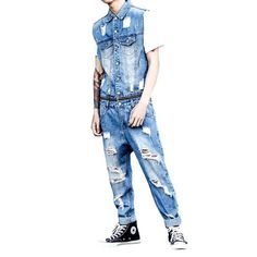 Make a statement this season with our 2023 Spring-Summer Collection of distressed bare-shoulder men's denim overalls! Crafted with an edgy distressed pattern for a modern street style. these overalls offer a blend of contemporary fashion and nostalgic grunge. With a slim fit and a seamless blend of a resilient zipper and stylish button closure. these overalls deliver both functionality and flair. Crafted with premium quality denim for durability. our overalls are the ultimate expression of grung Summer Distressed Cotton Denim Vest, Distressed Medium Wash Denim Vest For Summer, Medium Wash Distressed Denim Vest For Summer, Urban Distressed Jeans For Summer, Casual Distressed Denim Jumpsuit, Casual Distressed Denim Overalls, Summer Dark Wash Relaxed Fit Denim Vest, Trendy Ripped Denim Vest For Summer, Summer Denim Vest In Dark Wash With Relaxed Fit