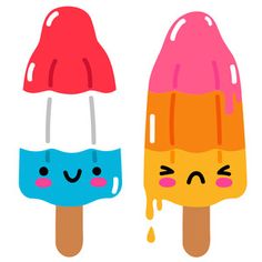 two ice creams with faces drawn on them, one is pink and the other is blue