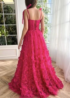 Bright Pink Prom Dresses, Teuta Matoshi, Lace Prom Dresses, Prom Dresses Elegant, Spaghetti Strap Prom Dress, Dresses Formal Elegant, Evening Party Gowns, Lace Prom Dress, Ladies Gown