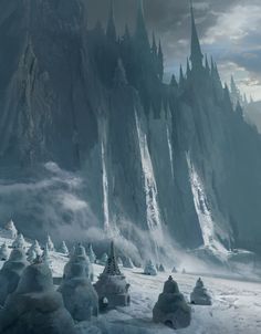 an image of a fantasy landscape with mountains and snow