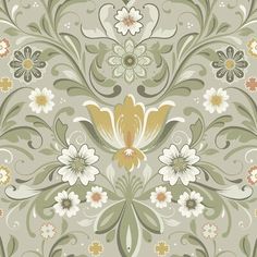 an ornate wallpaper pattern with flowers and leaves on grey background, suitable for use in interior or exterior design