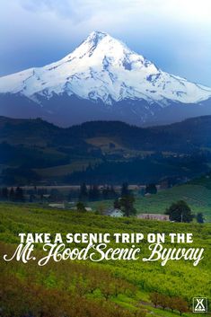 a scenic view of a mountain with the words take a scenic trip on the mt hood scenic bugay