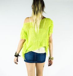 Short Sleeve Bright Neon Color Shirt, Boho Chic Off one Shoulder Cropped Top, Lime Green, Casual Chic Clothing for Women, by myAqua