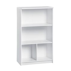 a white bookcase with three shelves on each side and one door open to reveal the bottom shelf