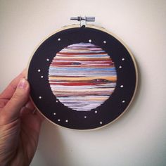 a hand holding up a black and white embroidery hoop with an image of the planet on it