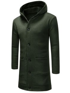 Solid Color Single Breasted Hooded Coat - Dark Forest Green - 4C77480017 - Men's Clothing  #MensClothing #Men's #Clothing Casual Plain Winter Outerwear, Green Casual Hooded Jacket For Cold Weather, Casual Fitted Plain Outerwear, Casual Green Hooded Jacket For Winter, Fitted Green Winter Hoodie, Cozy Fitted Green Outerwear, Casual Cotton Outerwear Plain, Cozy Green Outerwear With Button Closure, Casual Plain Cotton Outerwear