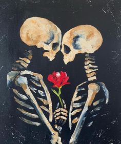 a painting of two skeletons holding a red rose in their hands and looking at each other