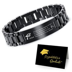 a black bracelet with gold lettering on it and a business card next to the bracelet