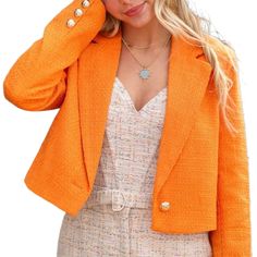 This Dolce Cabo Shaniah Orange Tweed Crop Blazer Adds A Pop Of Color To Any Outfit While The Cropped Style Keeps Your Look Modern And Chic. Dress It Up For Work Or Down For A Night Out, This Blazer Is Versatile And Stylish. **New Without Tags, Never Worn! ** Details: Size L Color: Orange Tweed Lurex Thread Lined Double Breasted Gold Buttons 100% Polyester Approx. Measurements Taken Flat Length: 19" (From Shoulder To Hem) Width: 20.5" (Pit To Pit) Length Of Sleeves: 24" Work Core, Boss Babe, Care Button-up Tweed Jacket For Winter, Chic Fall Cropped Jacket With Buttons, Chic Cropped Jacket With Buttons For Fall, Chic Long Sleeve Tweed Jacket With Button Closure, Tailored Long Sleeve Orange Outerwear, Chic Tweed Jacket With Button Cuffs For Fall, Chic Tweed Blazer With Button Closure, Spring Fitted Tweed Jacket With Button Cuffs, Chic Orange Long Sleeve Blazer