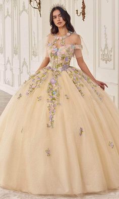 Ladivine 15724 - Multi-Color Floral Ballgown Floral Ballgown, Cinderella Divine, Layered Tulle Skirt, Exquisite Gowns, Champagne Color, Floral Applique, Quinceanera Dresses, Lace Applique, Stunning Dresses