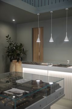 a glass table with some plants on it and lights hanging from the ceiling over it