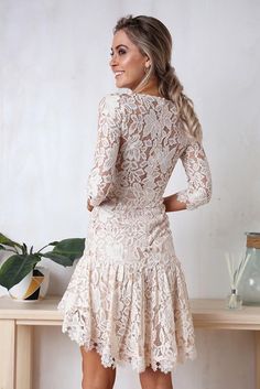 Women's Lace V-neck Mini Dress Beige V-neck Mini Dress For Wedding, Feminine V-neck Fit And Flare Dress, Beige V-neck Feminine Lace Dress, Beige V-neck Lace Dress For Spring, V-neck Lace Dress For Brunch, Spring Wedding Mini-length V-neck Dress, Feminine Fitted V-neck Lace Dress, Fitted V-neck Lace Dress For Spring, Spring Fitted V-neck Lace Dress