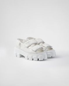 White Monolith Nappa Leather Sandals | PRADA Prada Monolith, Rubber Sandals, Flatform Sandals, Leather Sandals Women, Sandals Women, Menswear Inspired, Sporty Style, Nappa Leather, Geometric Patterns