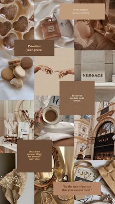 the collage shows different types of items in brown and beige colors, including gold