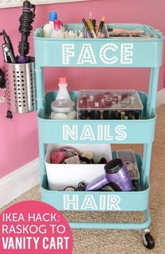 an image of a three tiered cart with hair products on it and the words free standing kitchen cabinets