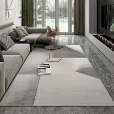 a modern living room with grey and white decor