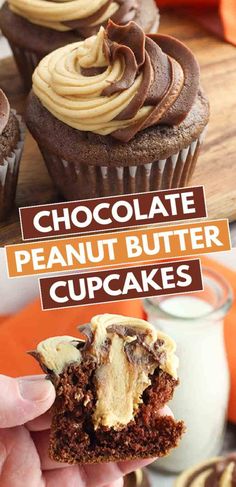 chocolate peanut butter cupcakes are being held up by someone's hand with the words, chocolate peanut butter cupcakes